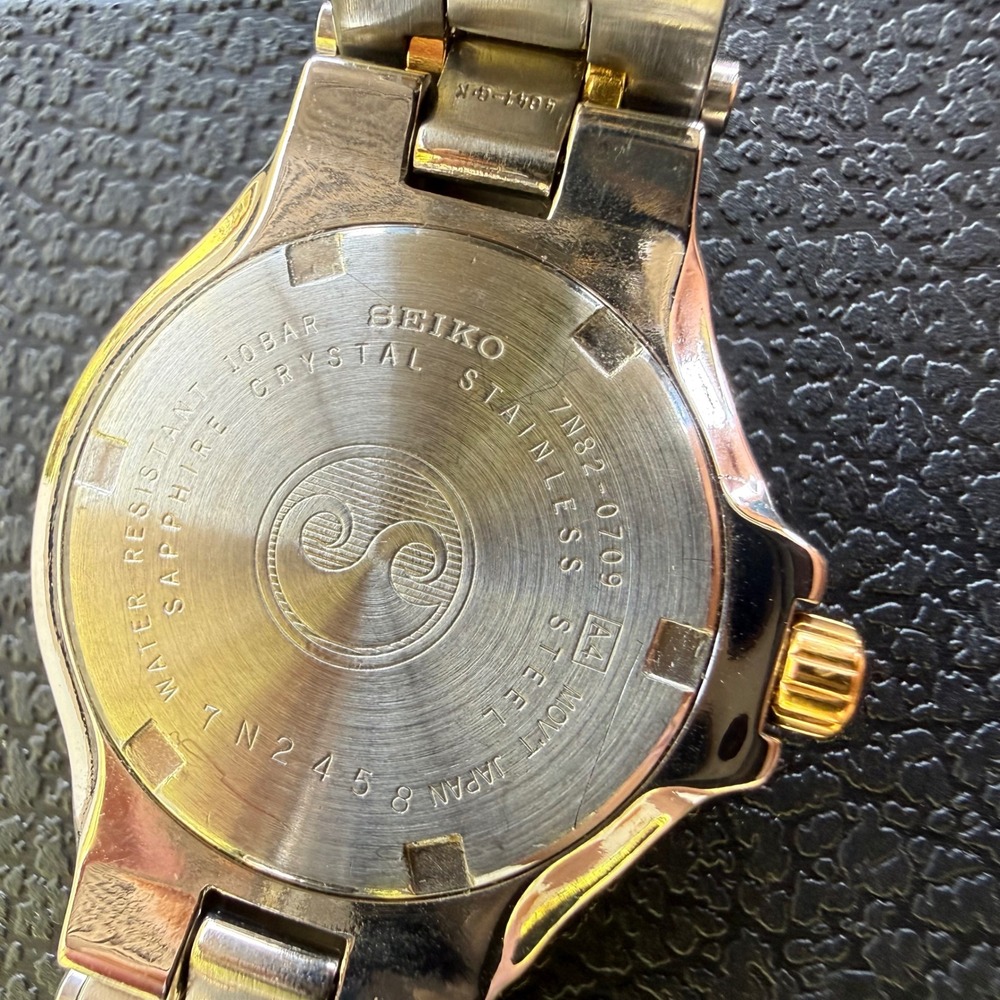 Seiko Womens Two Tone Stainless Steel Watch 7N82-0709 Sapphire 100M Date Box - Picture 8 of 10